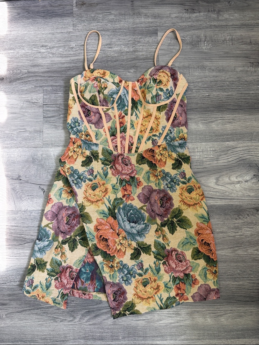 Fashion Nova Floral Corset Mini Dress in Cream Multi